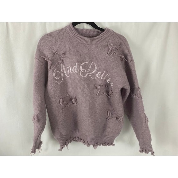 Sweaters - Distressed Lavender Embroidered Pull Over Knit Shabby Chic Long Sleeve Sweater